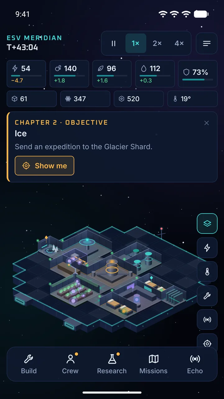 Isometric view of the ship with a glowing reactor, hydroponics and a quarantined storage bay, under a resource bar and objective card