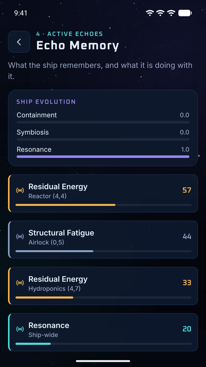 List of echoes: residual energy around the reactor, structural fatigue in the airlock, and resonance