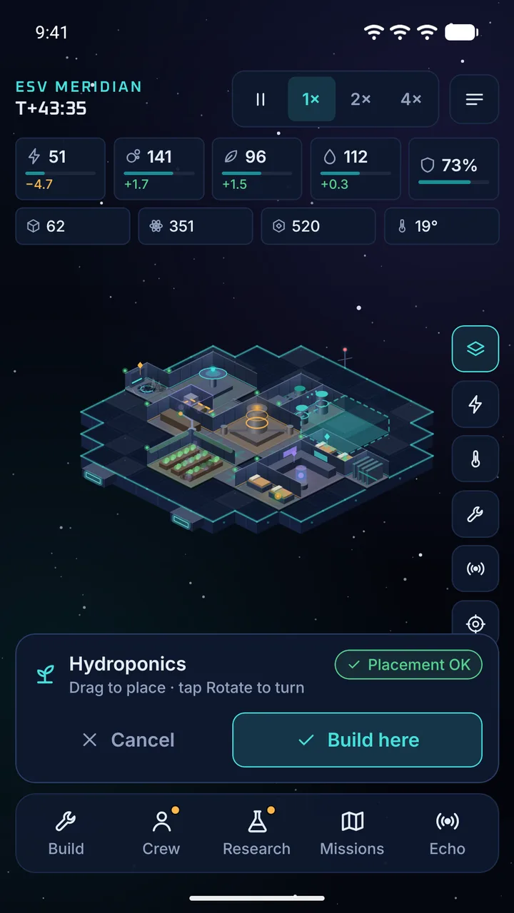 Build placement with a highlighted hydroponics footprint and the Build here button