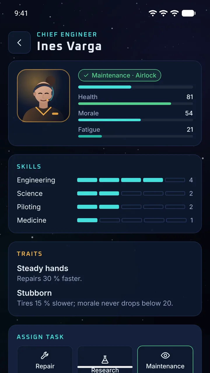 Crew detail screen with a portrait, health, morale and fatigue bars, skills and task buttons