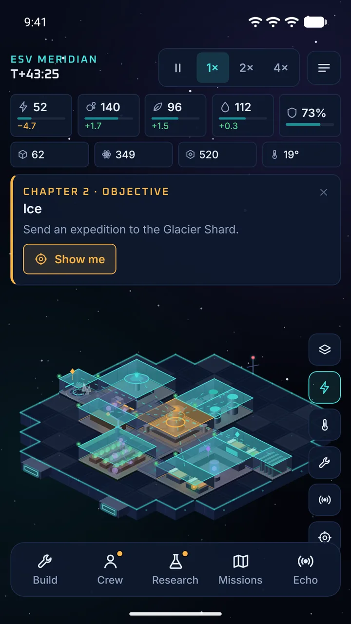 Ship rooms tinted by power state with animated power-flow lines from the reactor