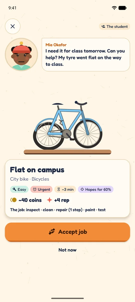 Mia, a student, brings in her city bike: her tyre went flat on the way to class