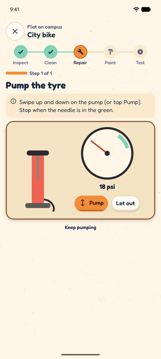 Pumping the tyre until the pressure needle reaches the green zone