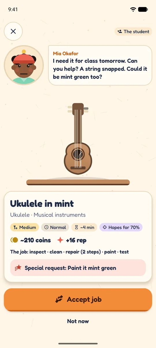 Mia, a student, brings in a ukulele with a snapped string and asks for it to be painted mint green