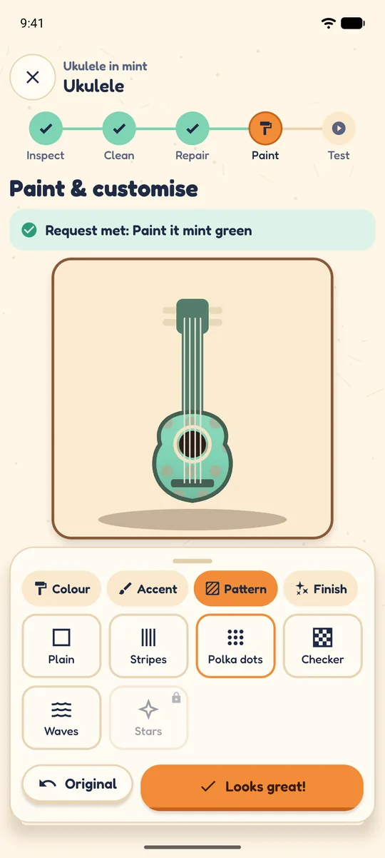 Paint studio: the ukulele painted mint green with the pattern options open