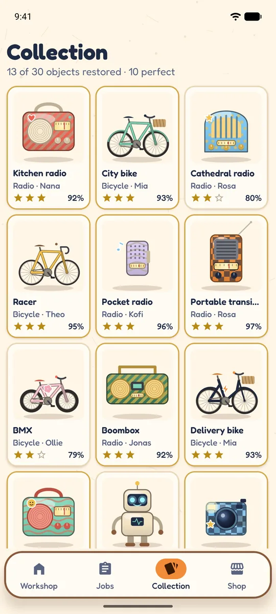 The collection: 13 of 30 objects restored, including radios, bicycles, a robot and a camera
