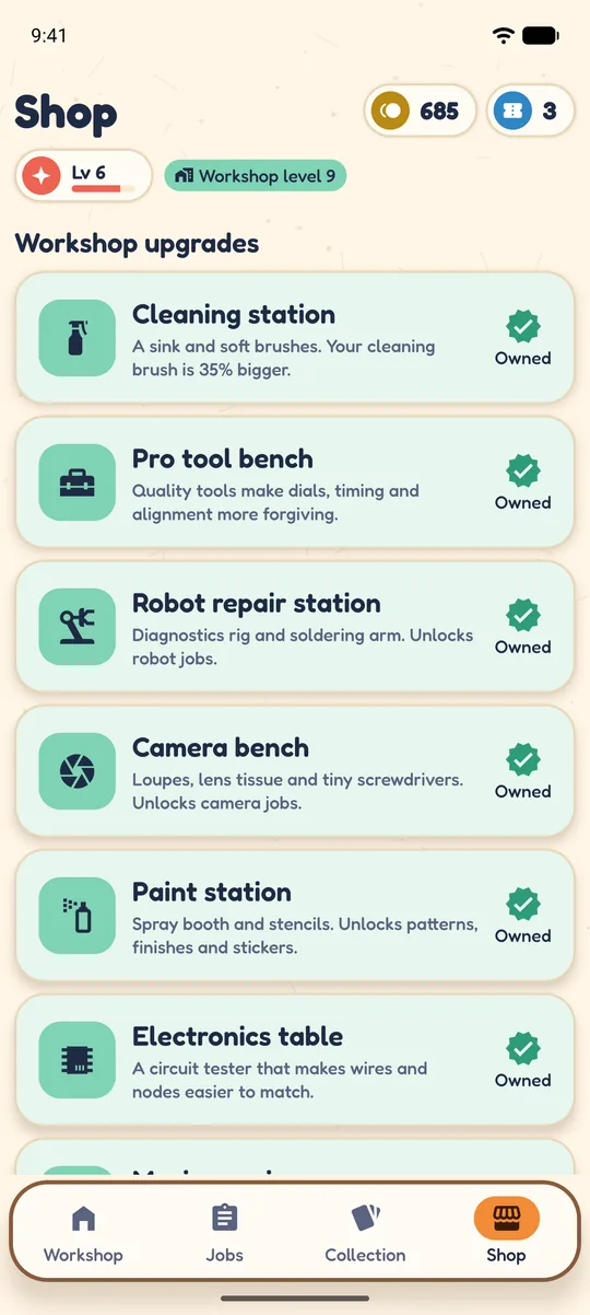 The shop with workshop upgrades such as the cleaning station, pro tool bench, robot repair station and camera bench