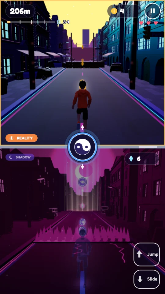 Neon City: the runner on a bright street above, the shadow on a dark street below