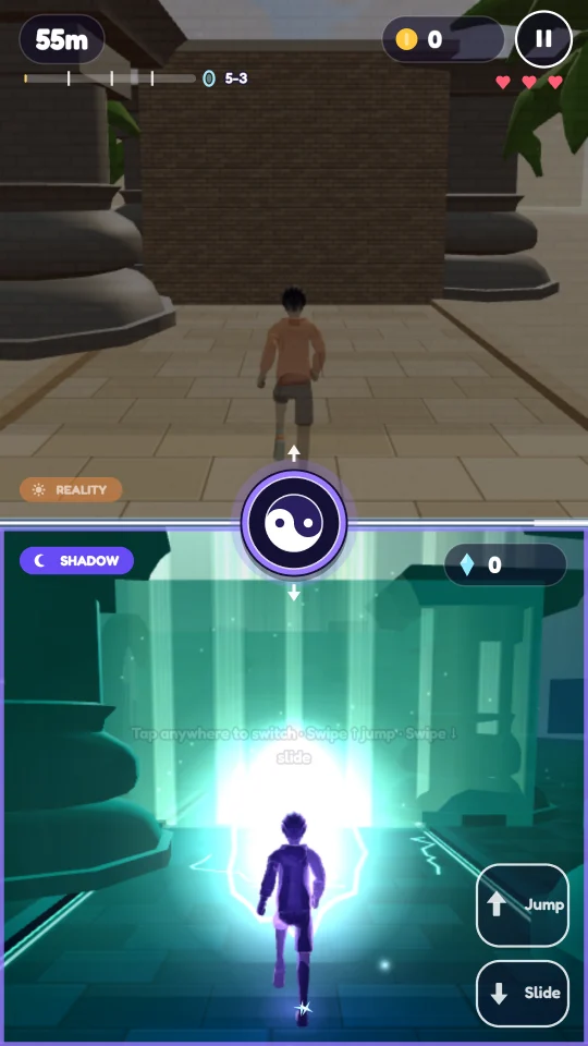Level 5-3 Beam Chamber in the Sunken Temple: stone walls above, light beams in the underwater shadow world below