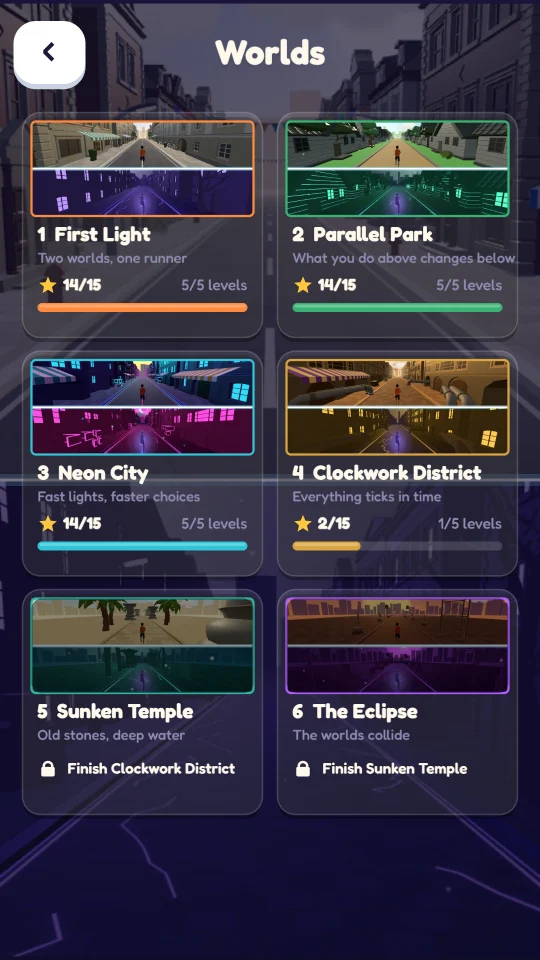 World select screen showing all six worlds with star progress