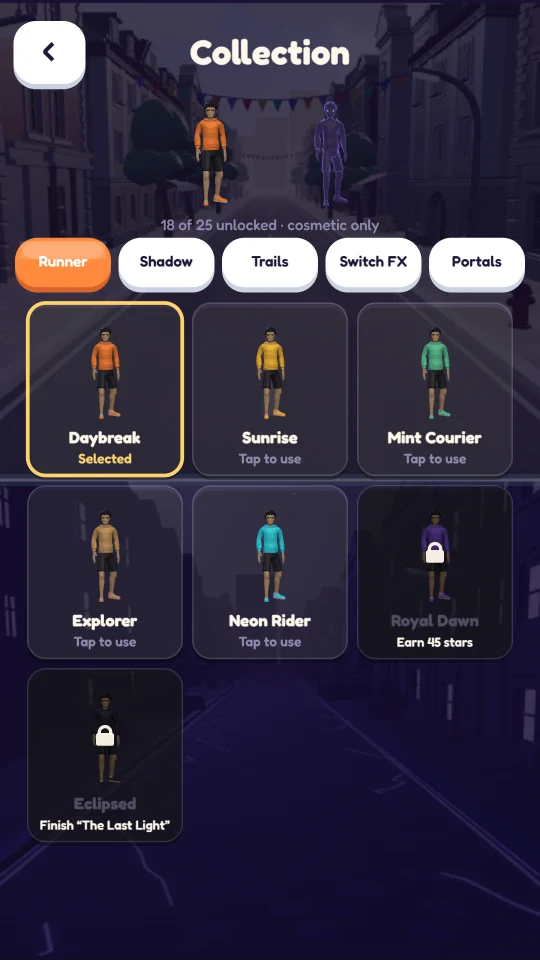 Collection screen with runner costumes and tabs for shadow forms, trails, switch effects and portals